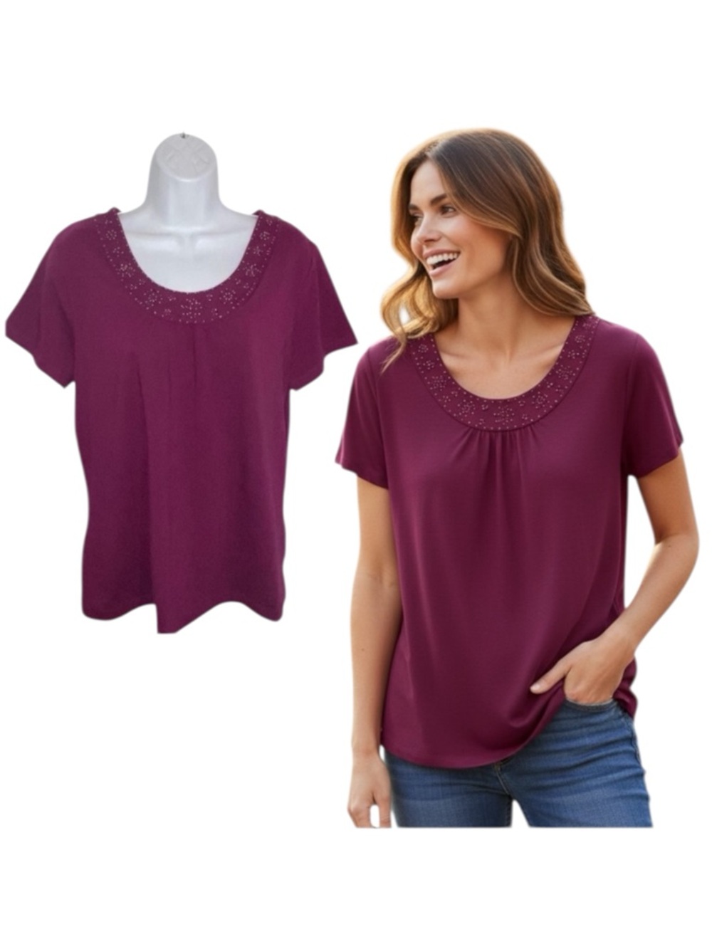 Croft & Barrow Stretch Purple Beaded Collar Cap Sleeve Top - Women’s Large